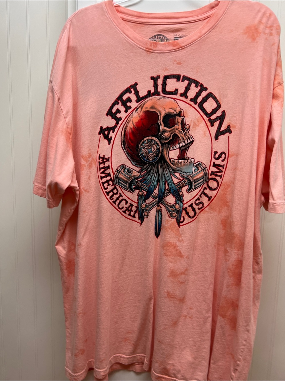 Affliction Men's Short-Sleeve Graphic Tee in Coral Pink with Skull Emblem